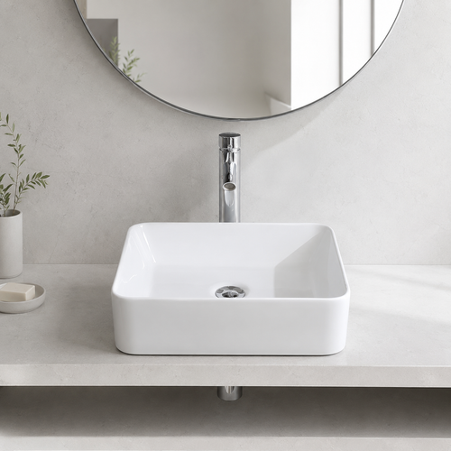 Glossy White Rounded Rectangular Ceramic Vessel Sink, Above-Counter Bathroom Vanity Bowl Basin, Sink Only, 16 inch