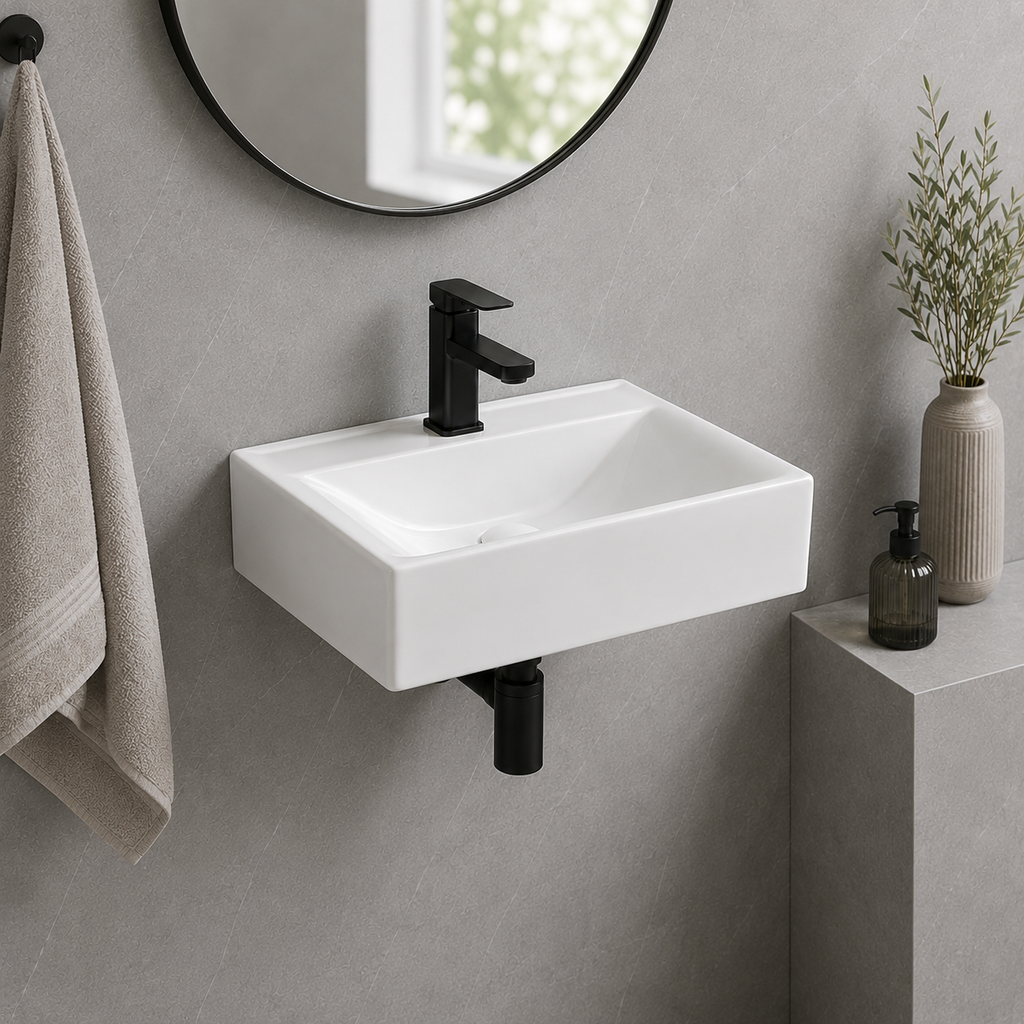 14.17 Inches Total Depth Rectangular Ceramic Wall Mount Bathroom Sink Wall Hung Basin for Modern Farmhouse Small Bathroom