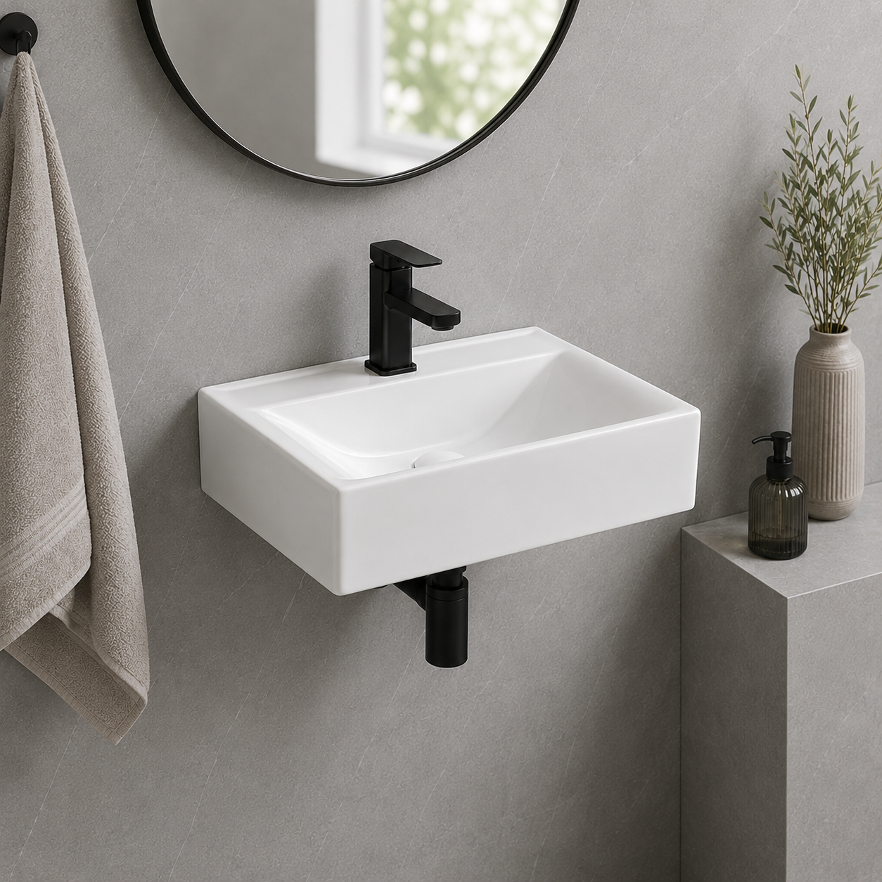14.17 Inches Total Depth Rectangular Ceramic Wall Mount Bathroom Sink Wall Hung Basin for Modern Farmhouse Small Bathroom