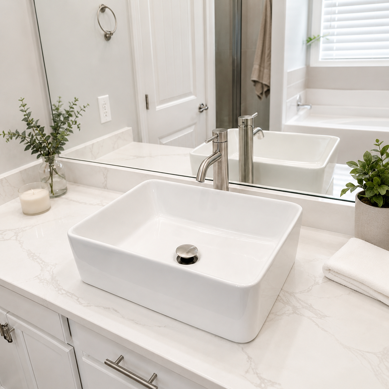 Glossy White Rounded Rectangular Ceramic Vessel Sink, Above-Counter Bathroom Vanity Bowl Basin, Sink Only