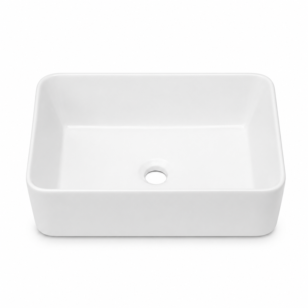 Glossy White Rounded Rectangular Ceramic Vessel Sink, Above-Counter Bathroom Vanity Bowl Basin, Sink Only