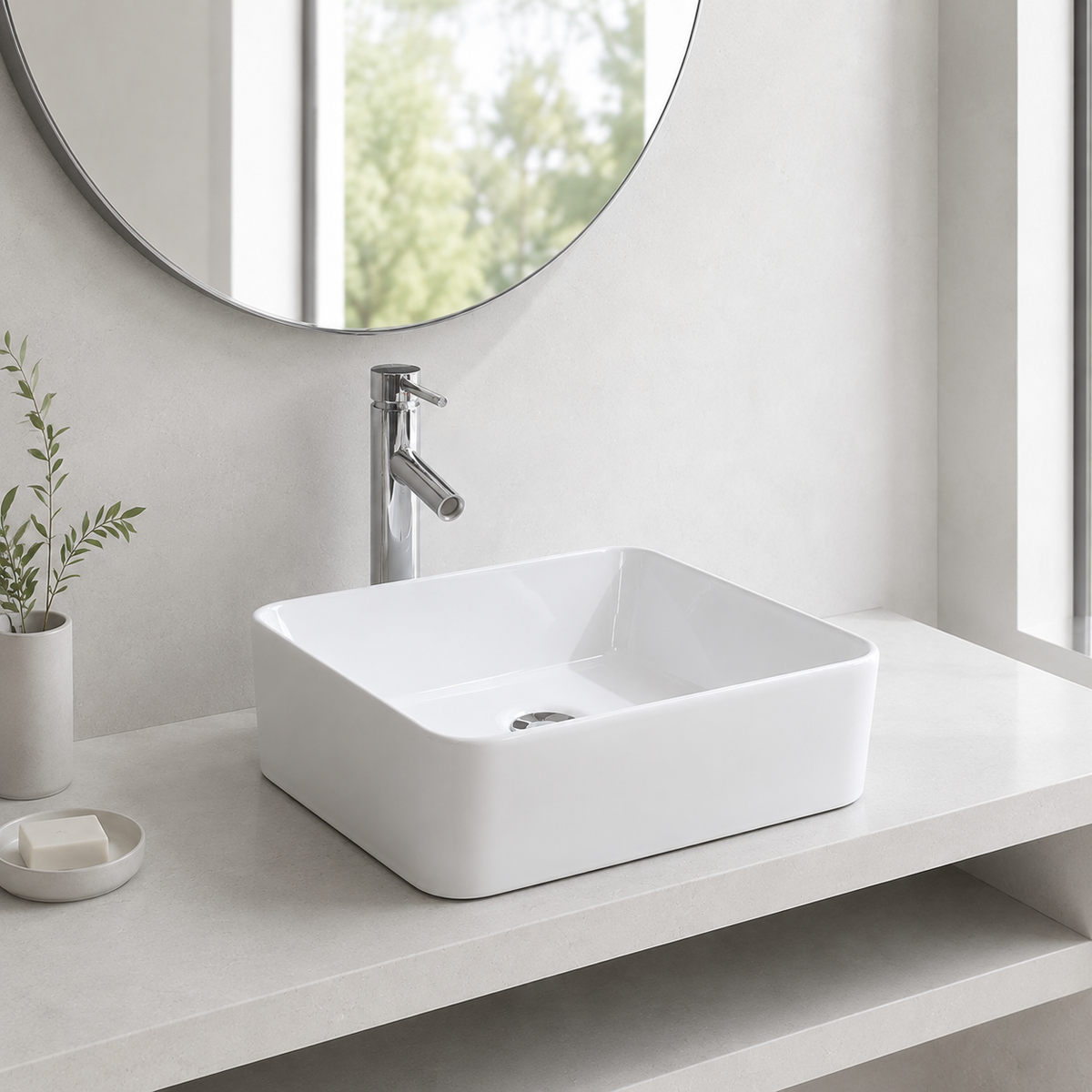 Glossy White Rounded Rectangular Ceramic Vessel Sink, Above-Counter Bathroom Vanity Bowl Basin, Sink Only, 16 inch