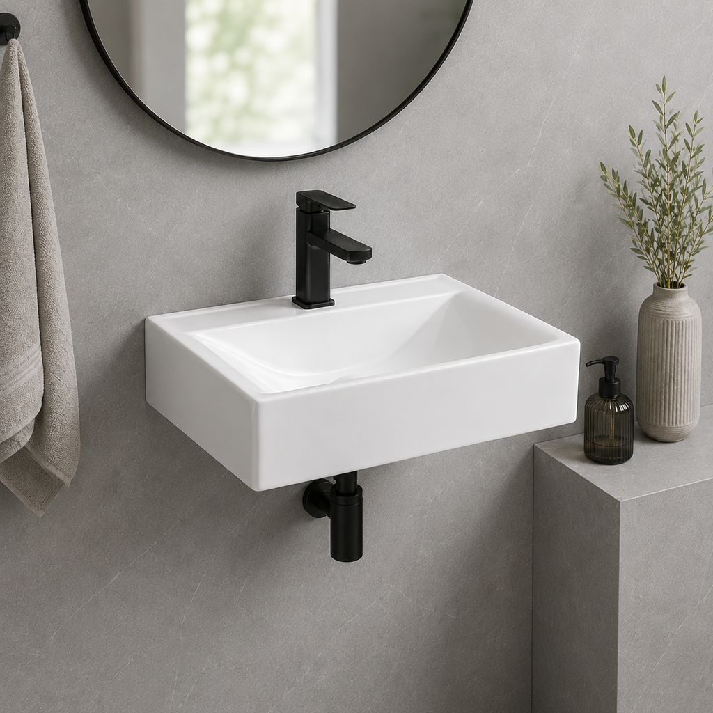 14.17 Inches Total Depth Rectangular Ceramic Wall Mount Bathroom Sink Wall Hung Basin for Modern Farmhouse Small Bathroom