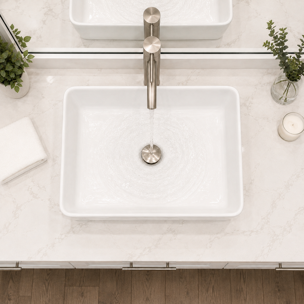 Glossy White Rounded Rectangular Ceramic Vessel Sink, Above-Counter Bathroom Vanity Bowl Basin, Sink Only