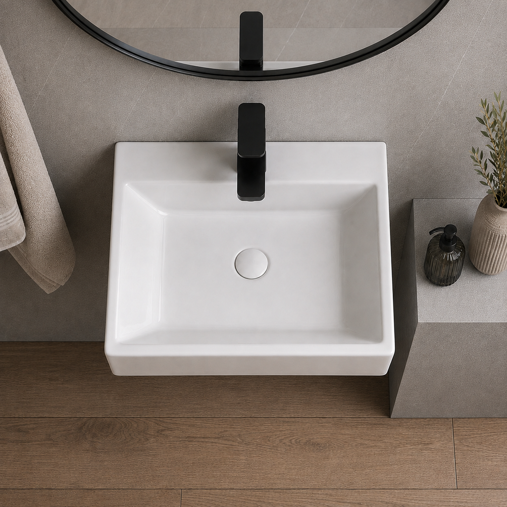 14.17 Inches Total Depth Rectangular Ceramic Wall Mount Bathroom Sink Wall Hung Basin for Modern Farmhouse Small Bathroom