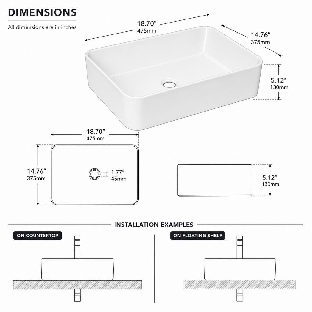 Glossy White Rounded Rectangular Ceramic Vessel Sink, Above-Counter Bathroom Vanity Bowl Basin, Sink Only