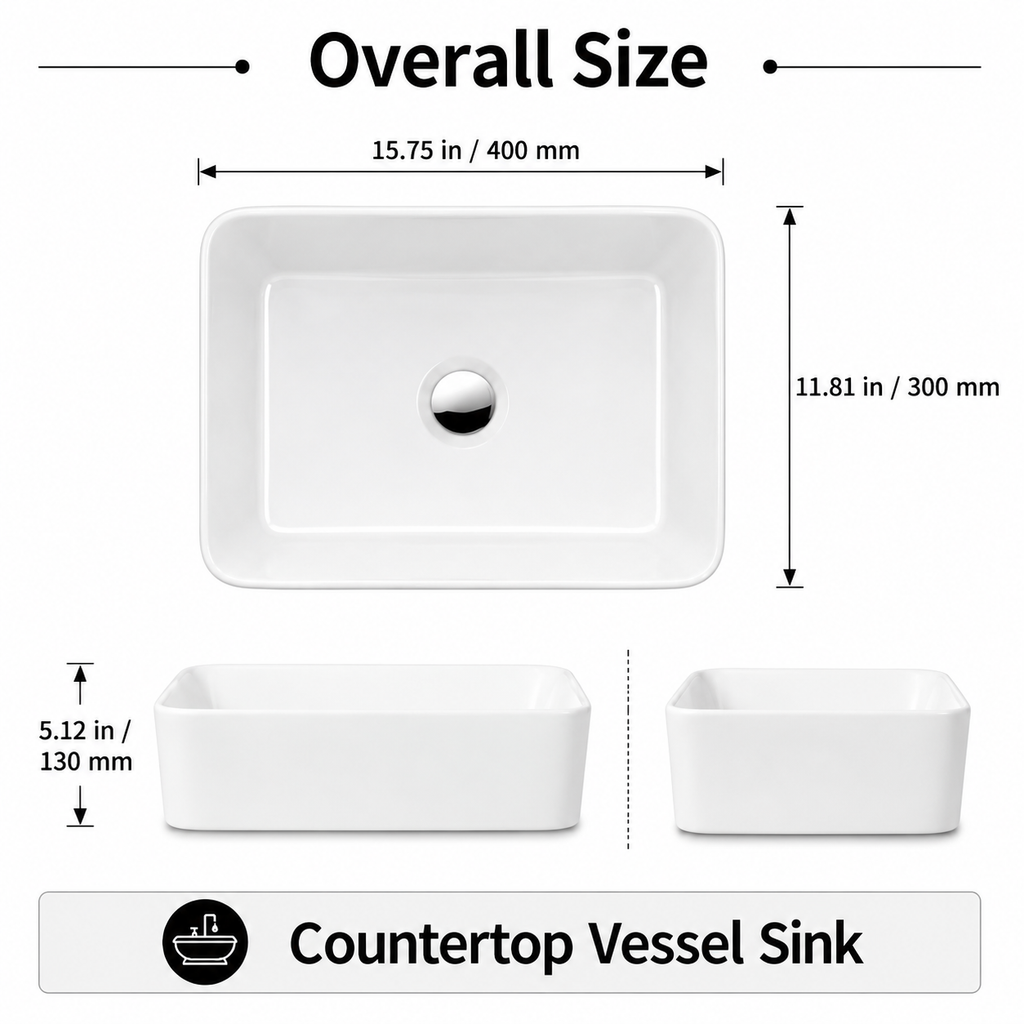 Glossy White Rounded Rectangular Ceramic Vessel Sink, Above-Counter Bathroom Vanity Bowl Basin, Sink Only, 16 inch