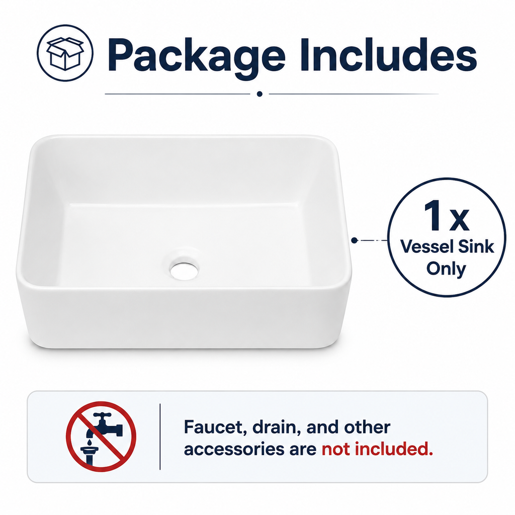 Glossy White Rounded Rectangular Ceramic Vessel Sink, Above-Counter Bathroom Vanity Bowl Basin, Sink Only, 16 inch