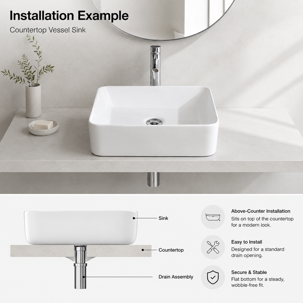 Glossy White Rounded Rectangular Ceramic Vessel Sink, Above-Counter Bathroom Vanity Bowl Basin, Sink Only, 16 inch
