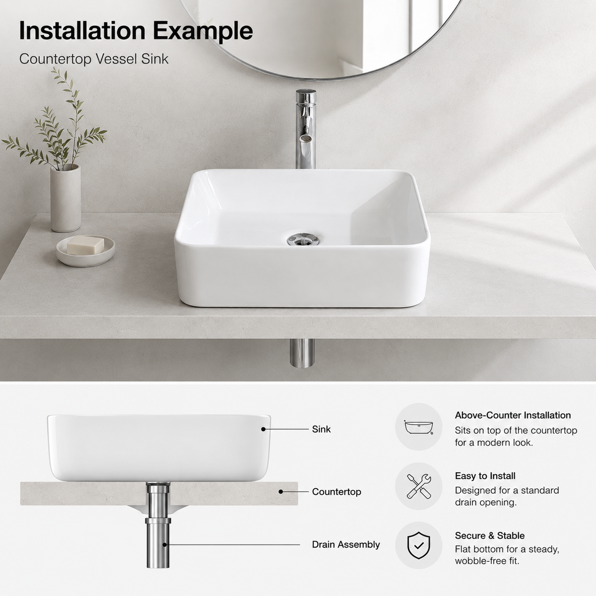 Glossy White Rounded Rectangular Ceramic Vessel Sink, Above-Counter Bathroom Vanity Bowl Basin, Sink Only, 16 inch