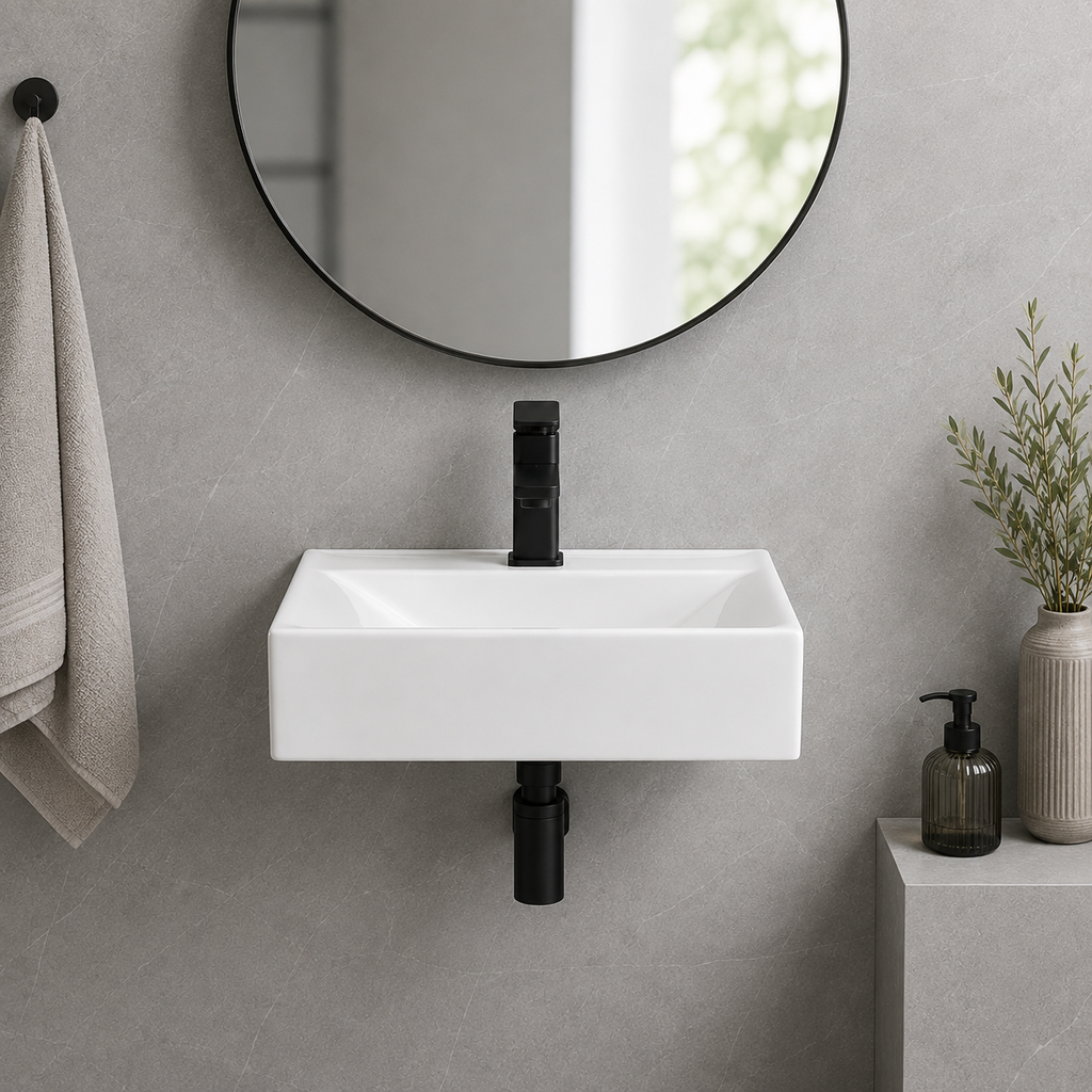 14.17 Inches Total Depth Rectangular Ceramic Wall Mount Bathroom Sink Wall Hung Basin for Modern Farmhouse Small Bathroom