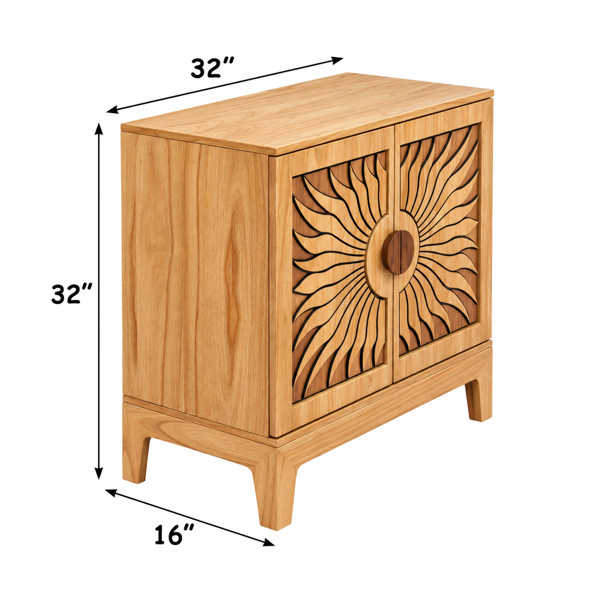 Lola Natural Oak Sunburst Carved 2 Door Storage Cabinet, Wooden Accent Sideboard Cabinet