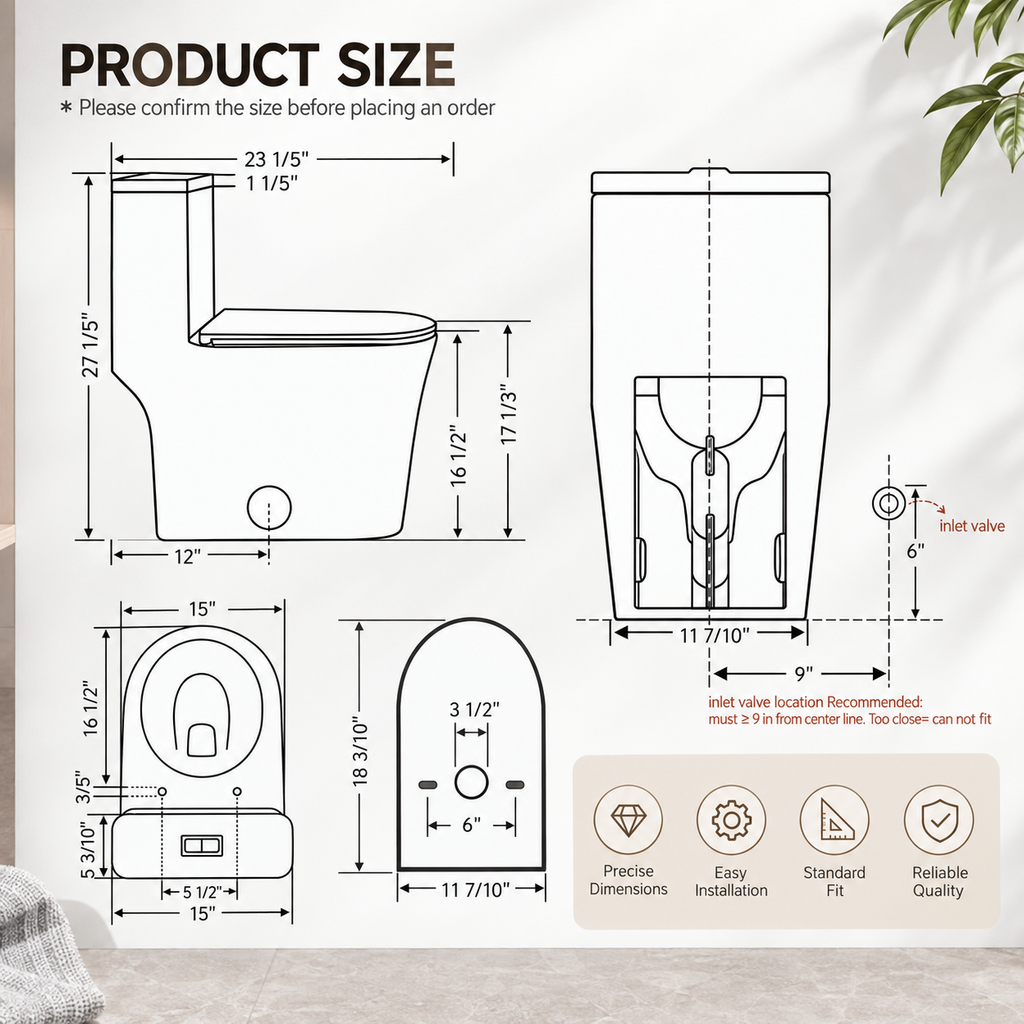 One Piece Ceramic Toilet 1.28 0.8 GPF Dual Siphonic Flush ADA Comfort Height Rimless Soft Close Seat Gloss White