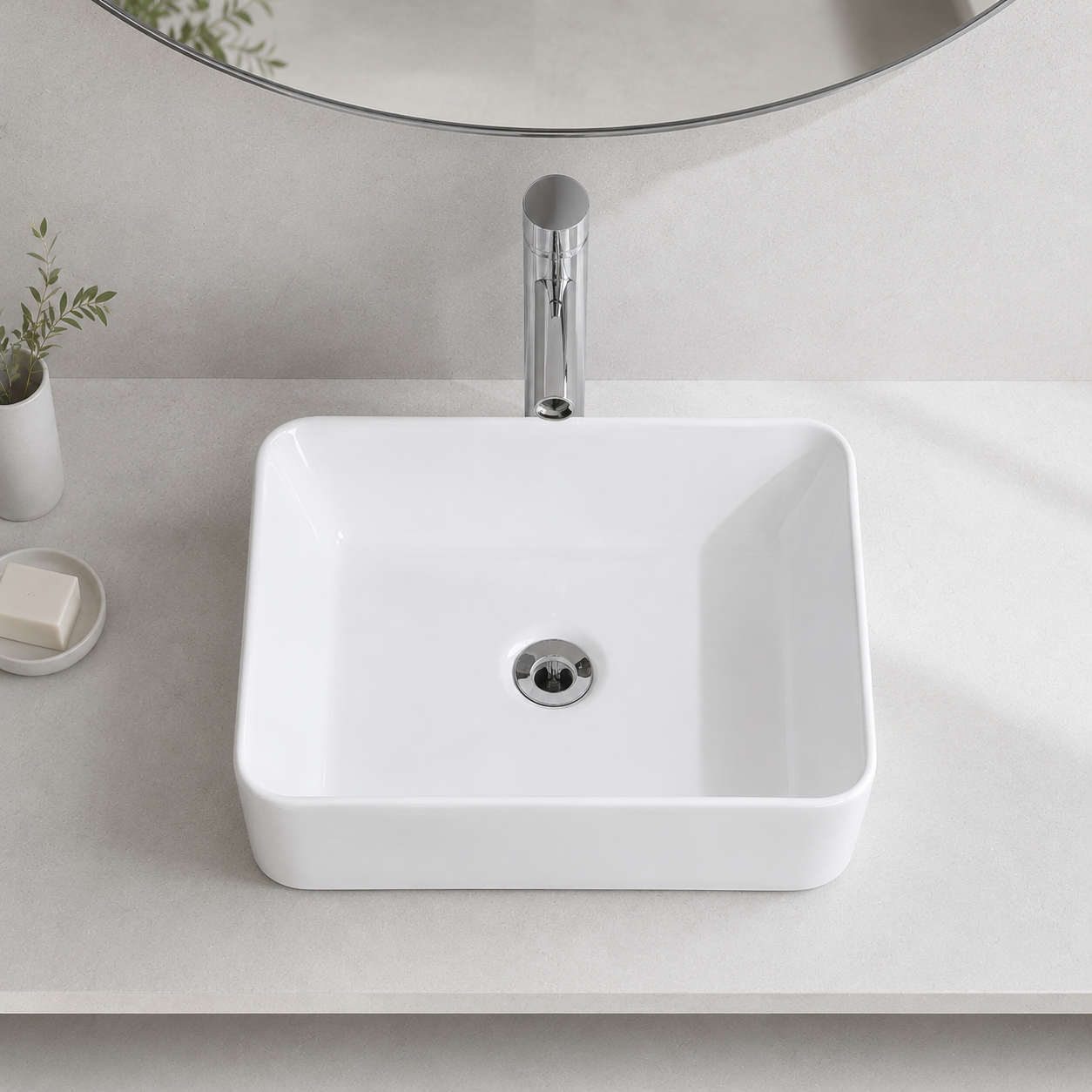 Glossy White Rounded Rectangular Ceramic Vessel Sink, Above-Counter Bathroom Vanity Bowl Basin, Sink Only, 16 inch